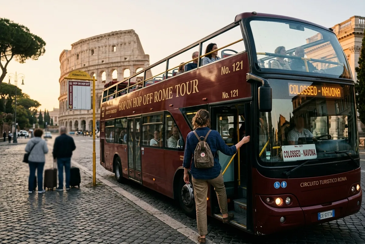 Traveler boarding an open top rome hop on hop off bus in soft early morning light with few crowds at the stop