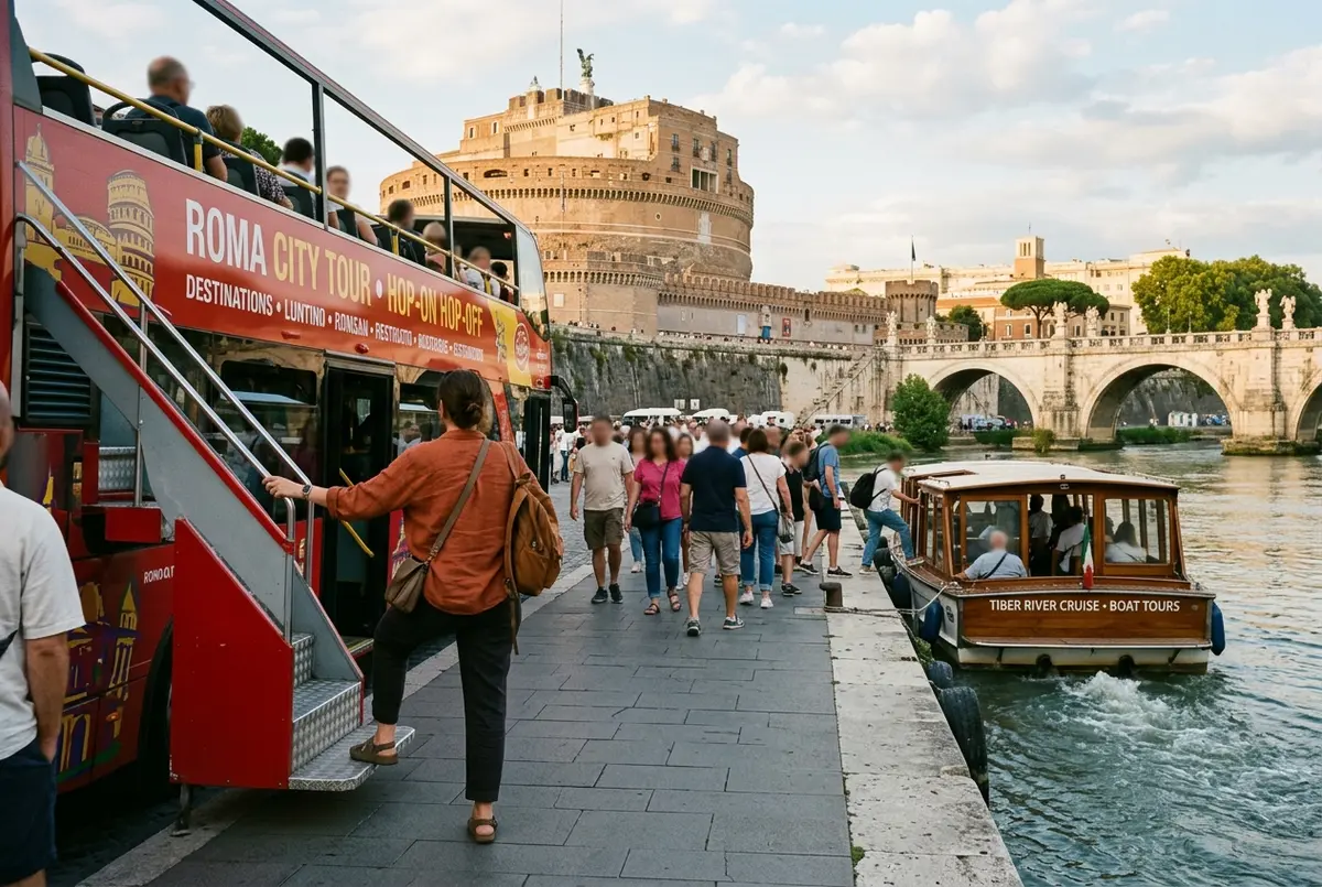 Traveler switching from an open top rome hop on hop off bus to a Tiber river boat near Castel Sant'Angelo on a hop on hop off river cruise rome combo ticket