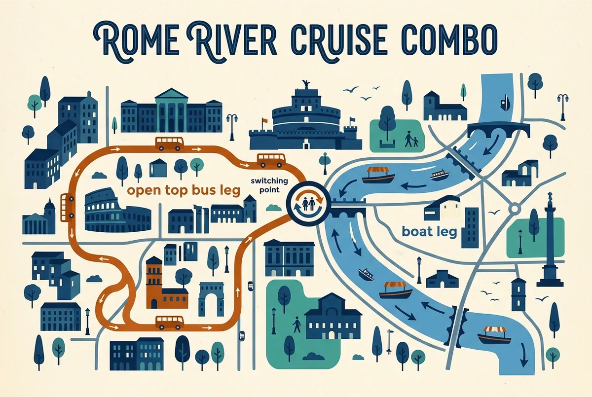 Simple infographic showing the hop on hop off river cruise rome combo switching point near Castel Sant'Angelo between the open top bus leg and the Tiber boat leg