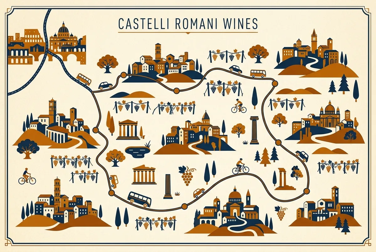 Simple map illustration showing the castelli romani wine towns southeast of rome connected by a route line, generic hill and vineyard icons only, no prices