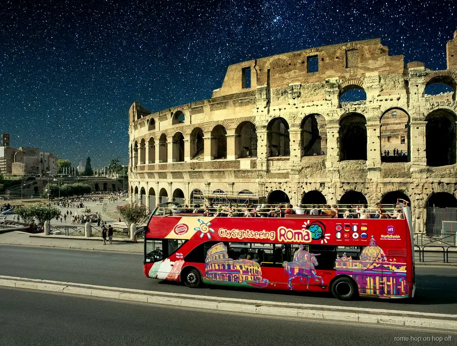 Rome hop-on hop-off night bus tour view of Piazza Navona lit up